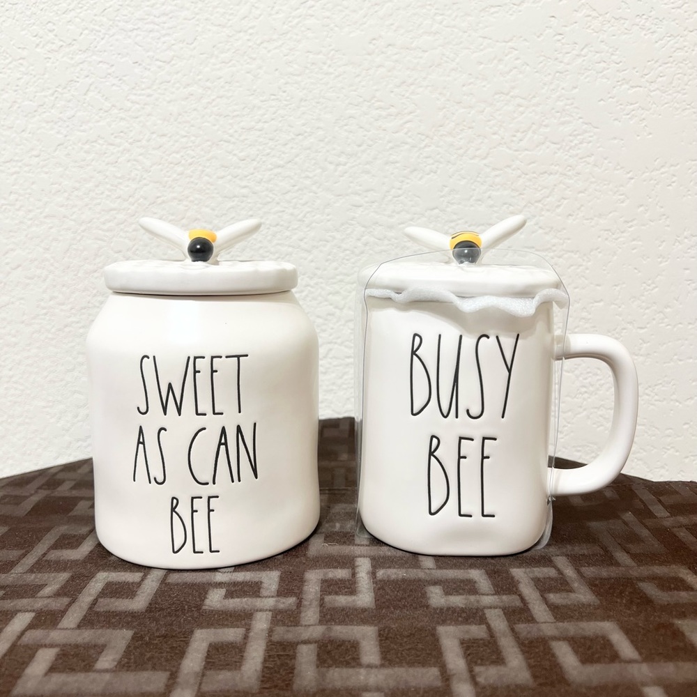 Rae Dunn SWEET AS CAN BEE canister and BUSY BEE topper mug